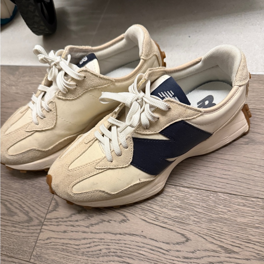 New Balance Beige and Dark Blue Sneakers